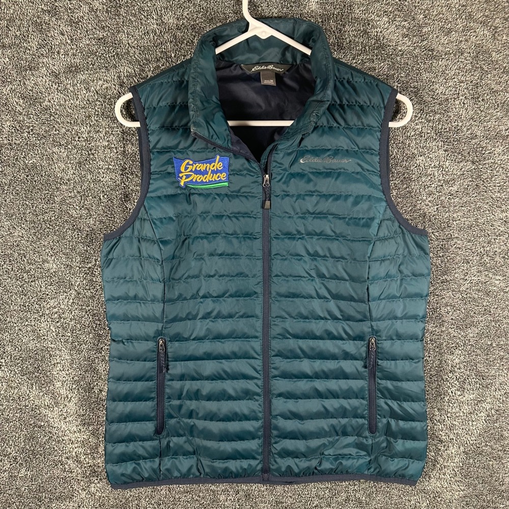 Eddie Bauer Vest Womens M EB650 Green Quilted Down Puffer Grande Produce Logo